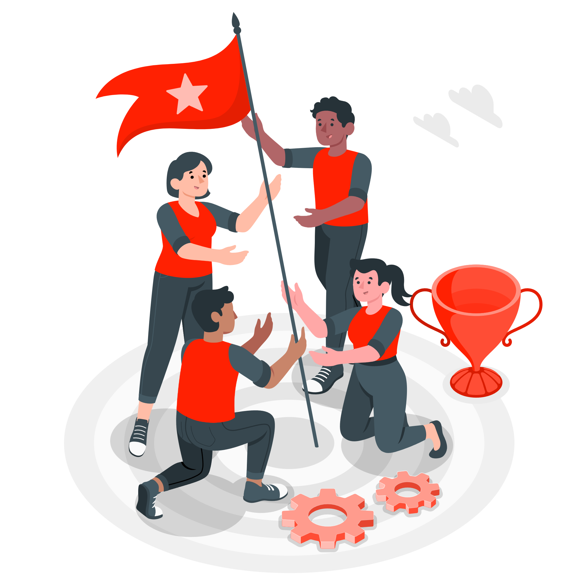 Team celebrating success with flag and trophy